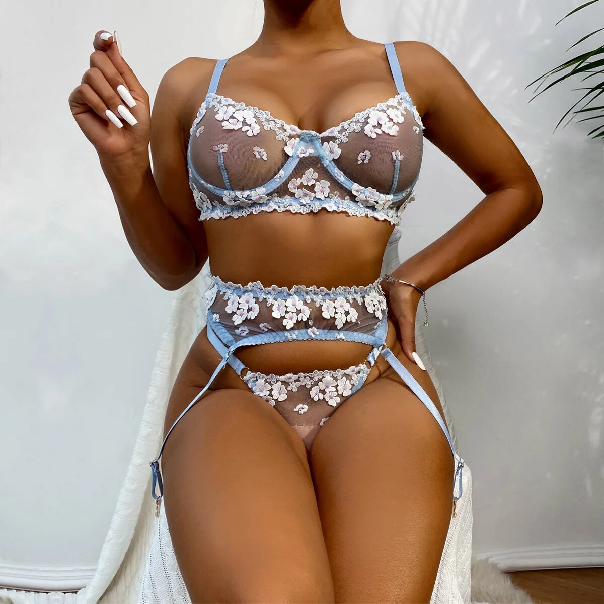 Kylie's Delightful Floral Embroidery Lingerie Set