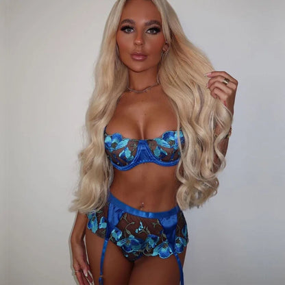 Veronica's Azure Floral Embroidery Lingerie Set