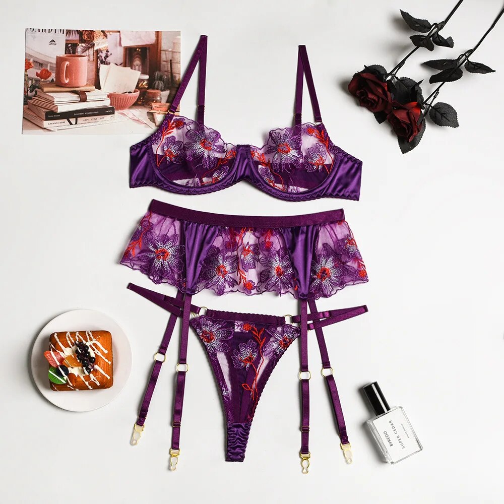 Veronica's Azure Floral Embroidery Lingerie Set